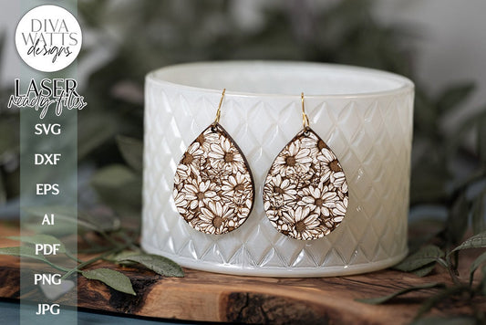 Daisy Earrings SVG | Tear Drop Laser Earrings | Flowers Dangle Earrings