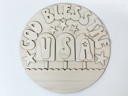 God Bless The USA Laser SVG | Patriotic Home SVG for Glowforge | 4th of July Round Sign Design