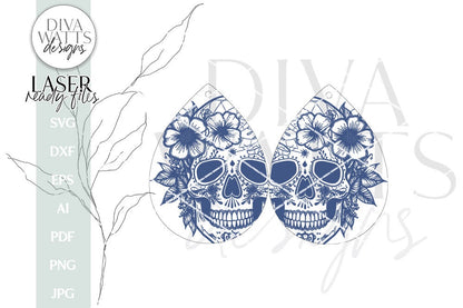 Sugar Skull And Flowers Earrings SVG | Tear Drop Laser Earrings | Dangle Earrings