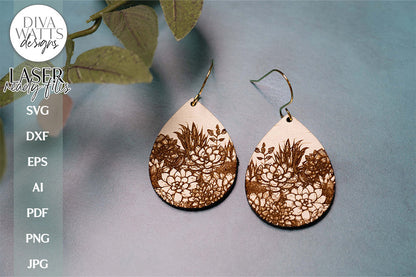 Succulents Earrings SVG | Tear Drop Laser Earrings | Botanical Dangle Earrings