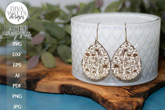 Wildflower Earrings SVG | Tear Drop Laser Earrings | Flowers Dangle Earrings