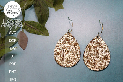 Wildflower Earrings SVG | Tear Drop Laser Earrings | Flowers Dangle Earrings