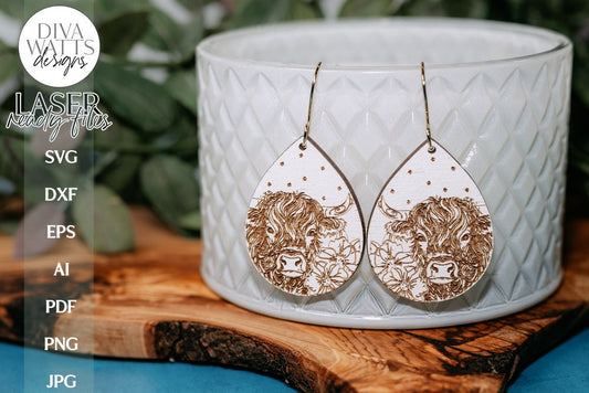Highland Cow Earrings SVG | Tear Drop Laser Earrings | Flowers Dangle Earrings