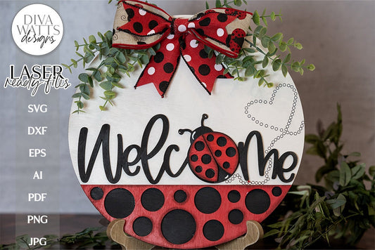 Welcome With Ladybug Glowforge Laser SVG | Door Hanger Design