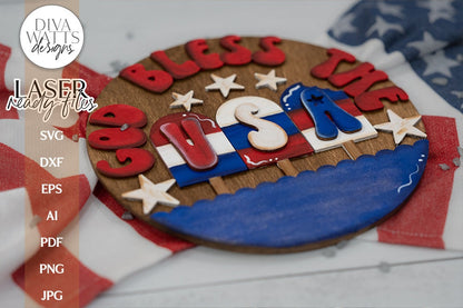 God Bless The USA Laser SVG | Patriotic Home SVG for Glowforge | 4th of July Round Sign Design