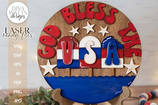 God Bless The USA Laser SVG | Patriotic Home SVG for Glowforge | 4th of July Round Sign Design