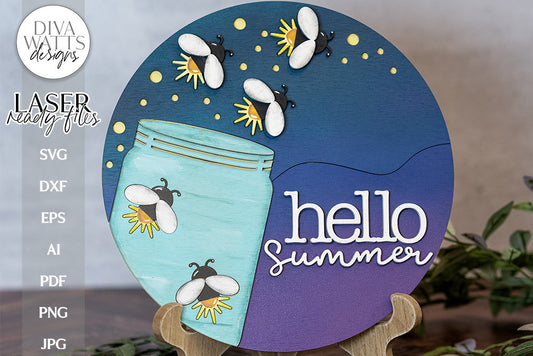 Hello Summer Fireflies Glowforge SVG | Laser Door Hanger Fireflies Design