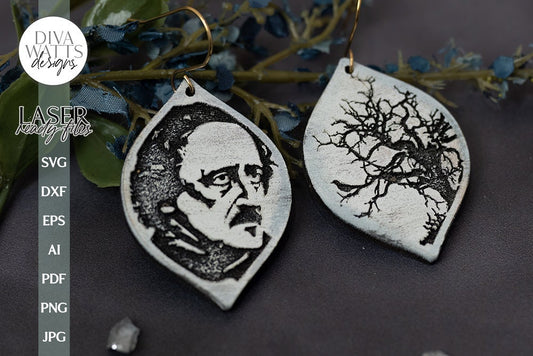 Edgar Allan Poe And Raven In Tree Earrings SVG For Laser Glowforge Edgar Allan Poe Silhouette of Poe Face SVG Edgar Allan Poe SVG Halloween