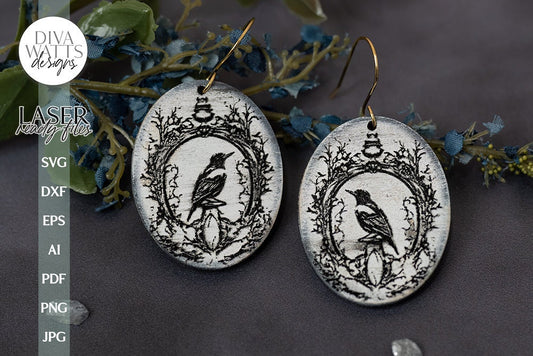 Raven In Frame Earrings SVG For Laser Glowforge Halloween Earrings With Raven Black Raven Earrings Laser Jewelry for Halloween
