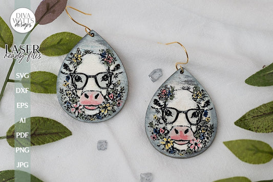Cow With Flowers Earring SVG File For Laser Earrings SVG With Cow Earrings For Glowforge Cow Earrings With Flowers SVG Cow Glasses earrings