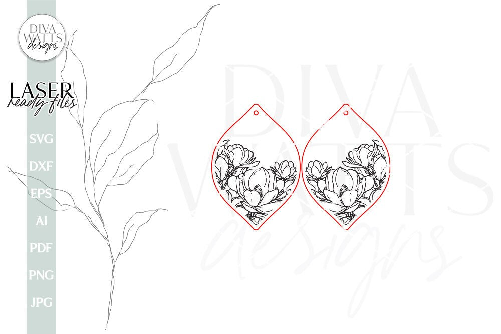 Magnolia Earrings SVG For Laser Earrings With Flowers Glowforge Earrings Magnolia Earrings For Glowforge Floral SVG Earrings File For Laser