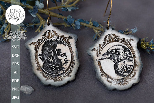 Edgar Allan Poe And Raven In Frame Earrings SVG For Laser Glowforge Edgar Allan Poe Silhouette of Poe Face SVG Edgar Allan Poe SVG Halloween