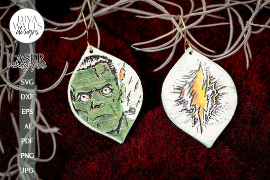 Frankenstein & Lightning Bolt Earrings SVG Monster Earrings Glowforge Earrings Frankenstein Earrings For Laser Monster Earrings SVG Laser