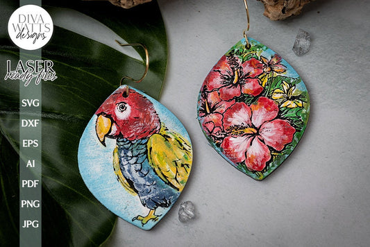 Parrot & Hibiscus Earrings SVG For Laser Tropical Earrings SVG With Parrot SVG For Earrings Laser svg With Hibiscus Earrings svg beach file