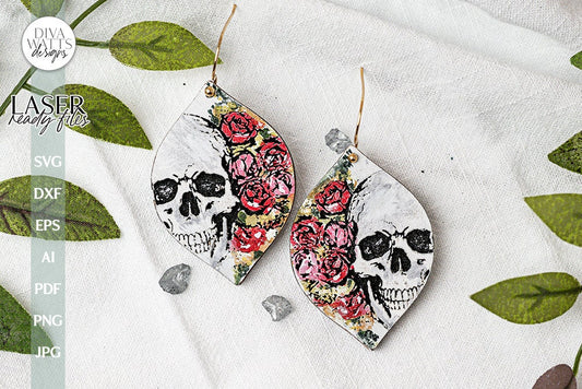 Skull With Roses Laser SVG For Earrings Skull With Flowers For Laser Earrings With Skull For Making Earrings Floral Skull SVG For Laser