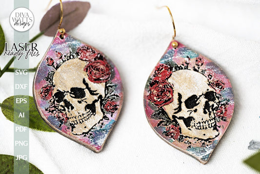 Skull With Flowers Earrings SVG For Laser Skull Earrings With Flowers Earrings For Glowforge Skull Earrings SVG For Skull Earrings Design