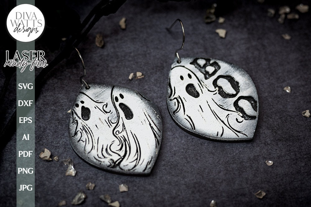 Ghost Earrings SVG For Laser Earrings With Ghost Face for Halloween Earrings For Glowforge Boo Earrings SVG Halloween Boo Ghost Earrings