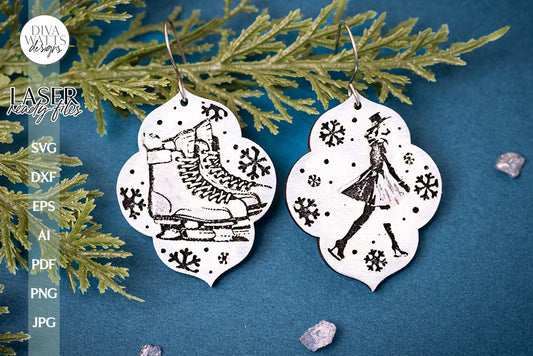 Ice Skate Earrings SVG For Laser Earrings With Ice Skating Glowforge Earrings Christmas SVG Winter Earrings For Glowforge Skater SVG Earring