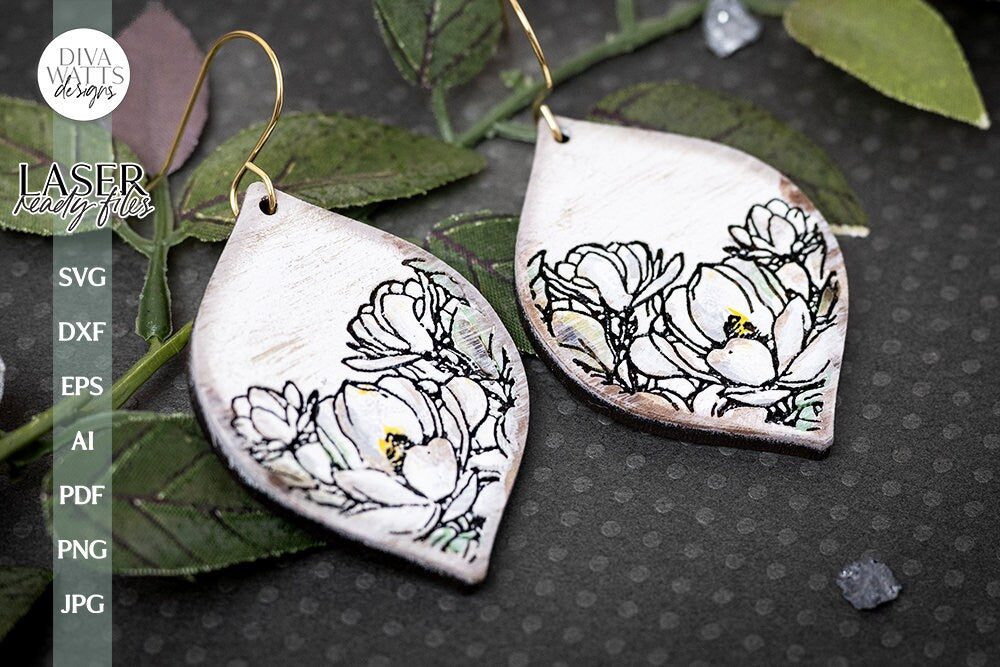 Magnolia Earrings SVG For Laser Earrings With Flowers Glowforge Earrings Magnolia Earrings For Glowforge Floral SVG Earrings File For Laser