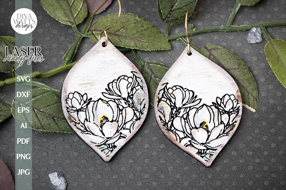 Magnolia Earrings SVG For Laser Earrings With Flowers Glowforge Earrings Magnolia Earrings For Glowforge Floral SVG Earrings File For Laser