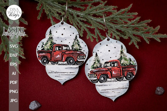 Little Red Truck Earrings SVG For Laser Earrings With Truck Glowforge Earrings For Christmas Little Truck With Trees Earrings Christmas Tree