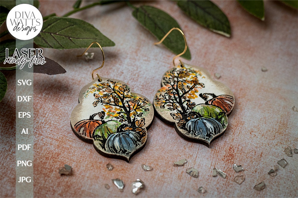 Pumpkin Earrings SVG For Laser Earrings With Fall Leaves for Halloween Earrings For Glowforge Fall Pumpkin Earrings SVG Fall Pumpkins
