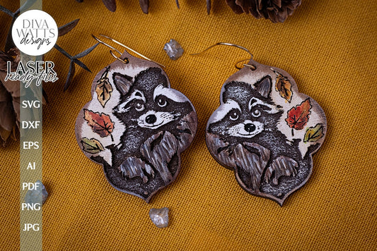 Raccoon Earrings Laser SVG For Fall Earrings With Raccoon Earrings SVG Autumn Earrings With Raccoon SVG Fall Leaves Earrings With Animal