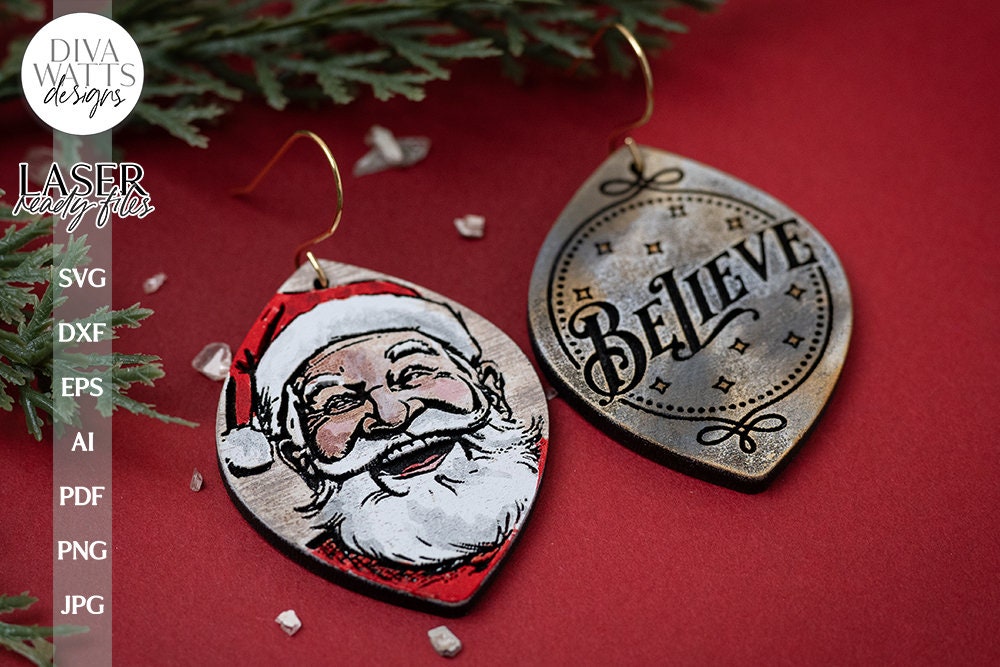 Santa Believe Earrings SVG For Laser Earrings With Santa Glowforge Earrings Christmas SVG Believe Earrings For Glowforge Santa Earrings svg