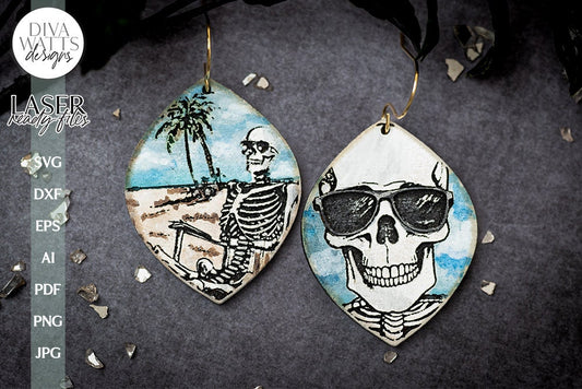 Skeleton With Sunglasses Earrings SVG For Laser Earrings With Skeleton for Halloween Earrings For Glowforge Vacation Skeleton Earrings svg