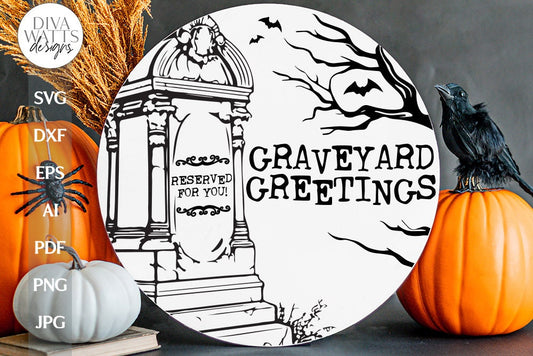 Graveyard Greetings SVG Welcome For Halloween Door Hanger SVG With Tombstone Halloween SVG Creepy Graveyard svg for Halloween Door Hanger