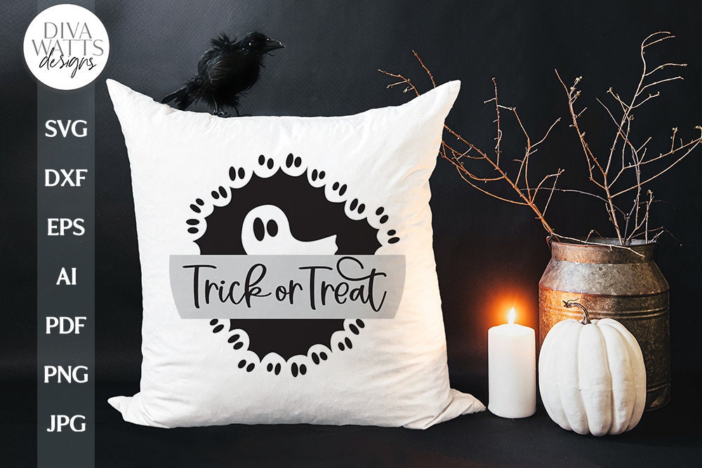 Trick Or Treat SVG For Halloween Ghost Door Hanger For Halloween Ghosts Trick Or Treat Front Door Sign For Halloween SVG With Ghosts SVG