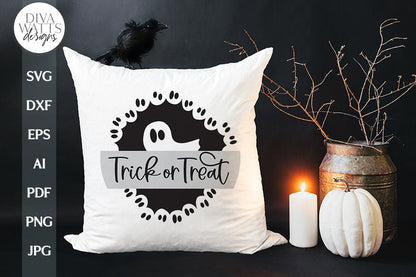 Trick Or Treat SVG For Halloween Ghost Door Hanger For Halloween Ghosts Trick Or Treat Front Door Sign For Halloween SVG With Ghosts SVG
