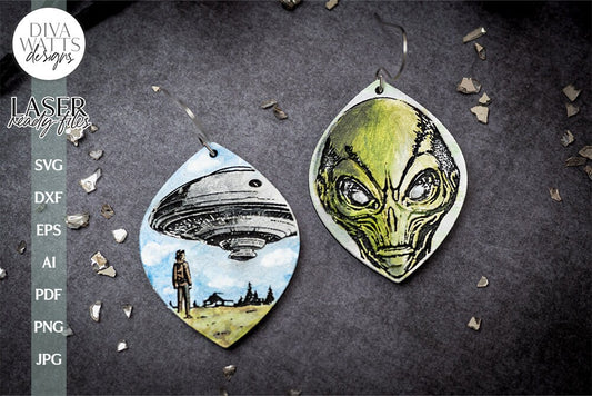 Alien Earrings SVG For Laser Earrings With Space Ship for Halloween Earrings For Glowforge Alien Earrings SVG Halloween Earring SVG