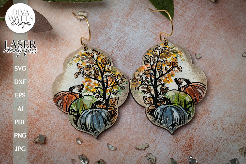 Pumpkin Earrings SVG For Laser Earrings With Fall Leaves for Halloween Earrings For Glowforge Fall Pumpkin Earrings SVG Fall Pumpkins