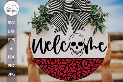 Welcome SVG With Skull and Roses For Halloween Door Hanger SVG With Skull Welcome With Roses For Front Door Sign With Skull SVG For Fall