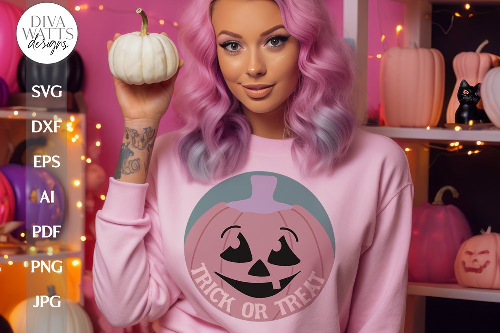 Trick Or Treat Pumpkin SVG For Halloween Shirt With Jack-O-Lantern Door Hanger For Halloween SVG With Pumpkin Face For Pumpkin Shirt SVG