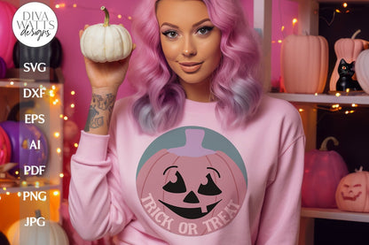 Trick Or Treat Pumpkin SVG For Halloween Shirt With Jack-O-Lantern Door Hanger For Halloween SVG With Pumpkin Face For Pumpkin Shirt SVG