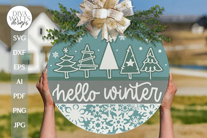 Hello Winter SVG Christmas Door Hanger SVG Winter Door Sign svg Snowflakes svg Winter trees svg Welcome SVG For Winter Door Hanger svg Sign