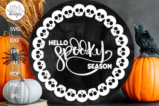 Hello Spooky Season SVG Halloween Door Hanger Halloween Skull SVG Spooky Halloween Door Hanger SVG For Halloween Skull Cut File For Sign