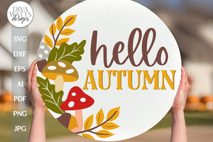 Hello Autumn SVG Door Hanger For Fall SVG With Mushrooms SVG Fall Leaves svg Welcome Fall svg For Autumn Sign Door Hanger svg Mushrooms Sign