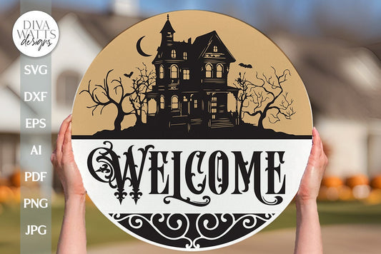Welcome SVG Haunted House Door Hanger svg Haunted svg Spooky Halloween svg Halloween Door Hanger svg For Halloween Sign SVG Halloween Decor