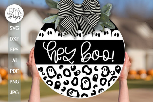 Hey Boo SVG Halloween Ghost Door Hanger SVG Ghost Front Door Sign Ghost SVG Halloween Leopard Print svg Ghost Halloween svg Front Door Sign