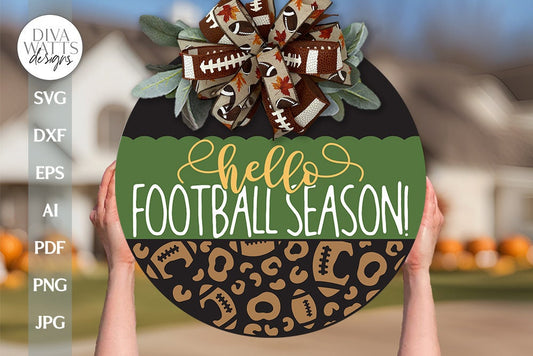 Hello Football Season SVG Door Hanger SVG Football Sign svg Round Sign SVG For Fall Door Hanger svg Football Leopard Print svg For Fall Sign