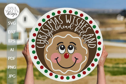 Christmas Wishes And Gingerbread Kisses SVG Christmas Door Hanger SVG Gingerbread Door Hanger svg Welcome Gingerbread svg Winter Sign SVG