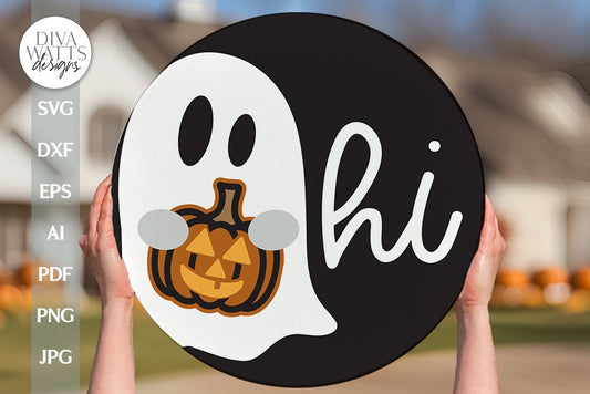 Hi SVG Halloween Ghost SVG Door Hanger For Halloween SVG Ghost Holding Pumpkin svg Jack O Lantern svg Hi Door Hanger svg For Fall svg