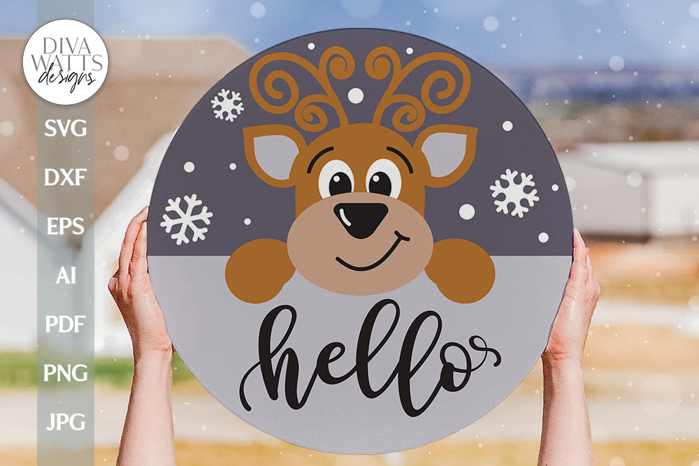 Hello SVG Reindeer Door Hanger SVG Cute Reindeer svg Christmas Reindeer svg Reindeer Sign svg Winter Reindeer svg Welcome Door Hanger svg