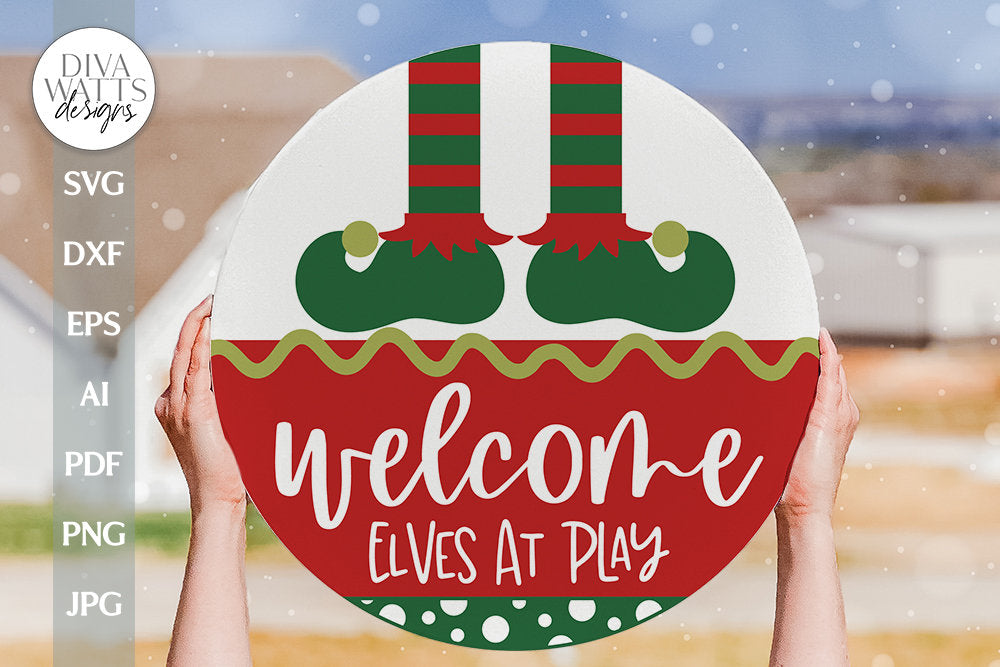 Welcome Elves At Play SVG Christmas Door Hanger SVG Santa's Elf SVG Elf svg Cute Elf svg Cute Elf Door Hanger svg Winter Door Hanger svg