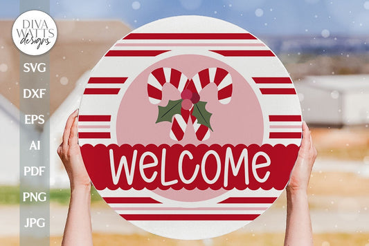 Welcome SVG Candy Cane Door Hanger For Winter SVG Welcome Christmas SVG Door Hanger For Christmas Candy Cane svg Front Door Decor Farmhouse