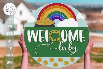 Welcome Lucky SVG St. Patrick's Day Door Hanger SVG St. Patty's Welcome svg St. Patrick's Sign SVG Pot Of Gold and Rainbow svg Door hanger