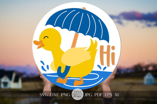 Hi SVG Cute Duck svg Duck With Umbrella SVG Spring Decor svg Round Sign SVG Door Round svg Spring Welcome svg Duck Door Hanger Cricut svg